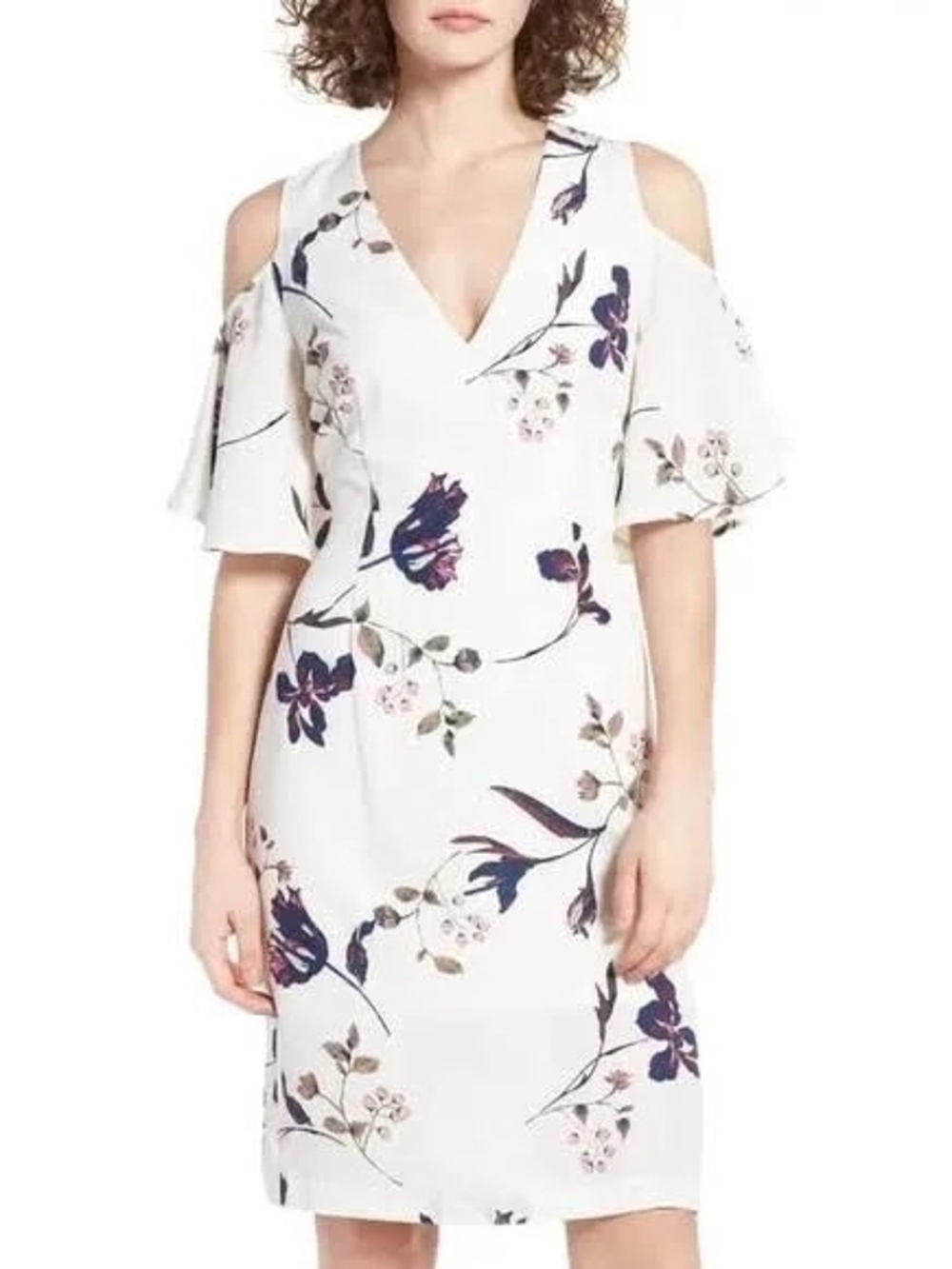 Leith || White Cold-Shoulder Midi Dress Sz. Small w/ Purple Floral Print